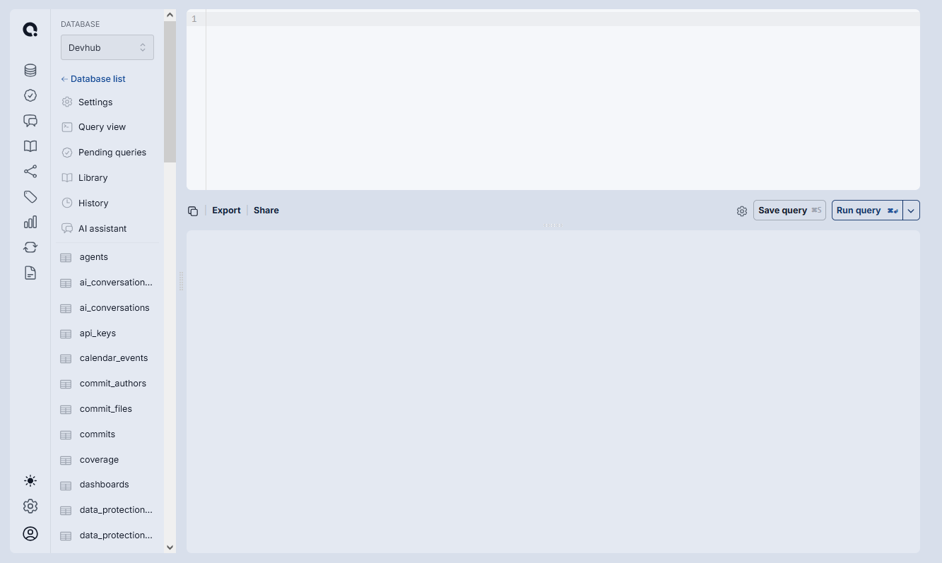 Query interface showing the left panel with table list, query pane, and results pane
