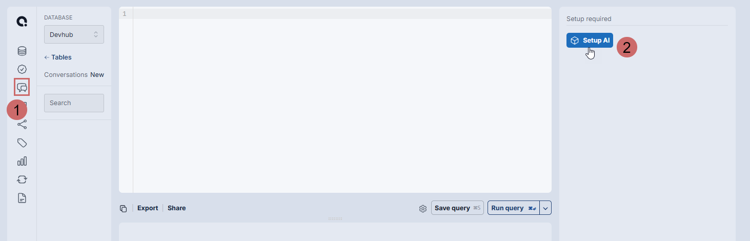 Query interface with AI assistant highlighted in the left nav and Setup AI button