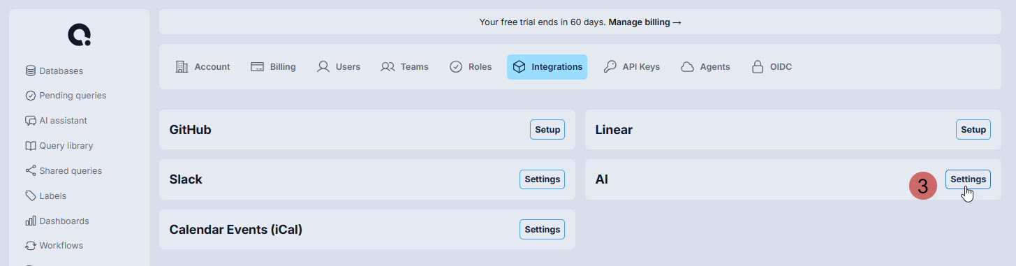 Settings Integrations tab showing GitHub, Linear, Slack, AI, and Calendar Events entries with AI Settings button highlighted