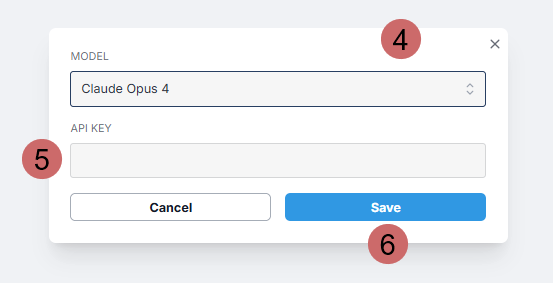 AI settings modal showing the Model dropdown, API KEY field, and Save button