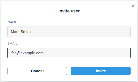 Invite user modal with Name and Email fields and Invite button