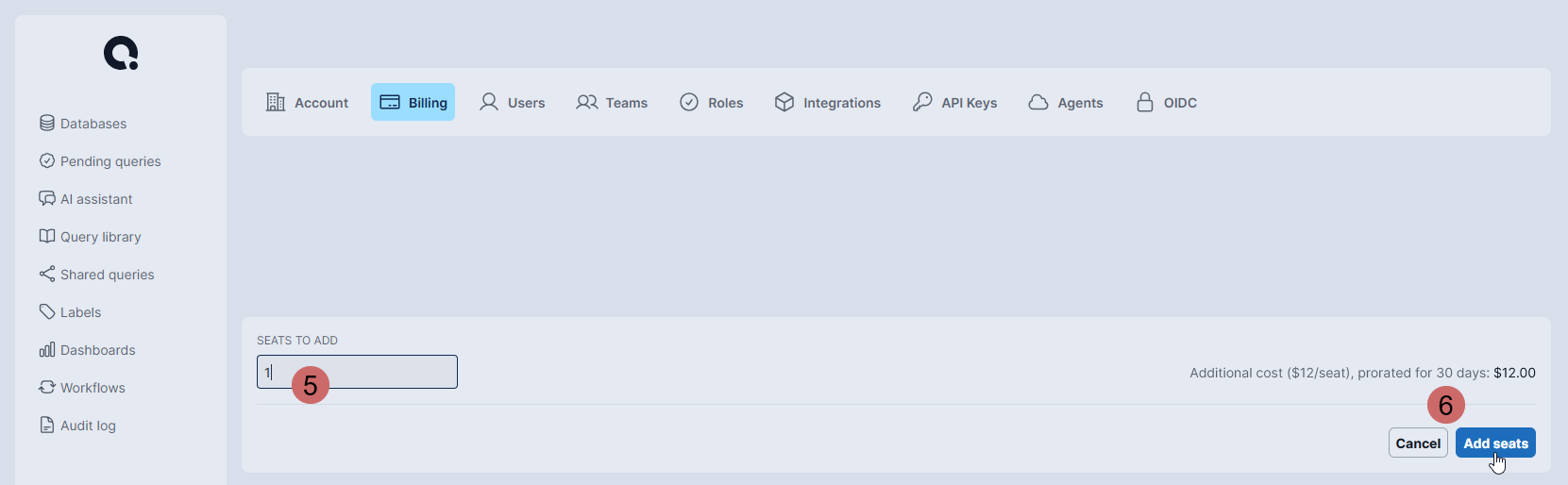 Billing page showing the Seats to Add field and Add seats button