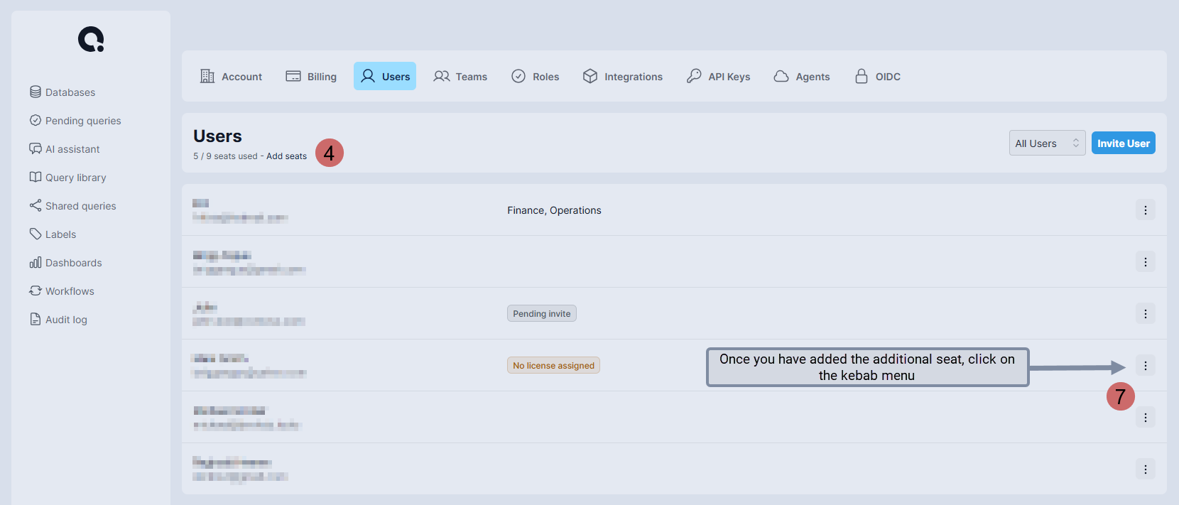 Users page showing seats used, user list with Mark Smith and No license assigned status, and kebab menu