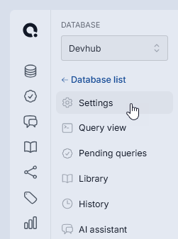 Database menu with Settings option highlighted