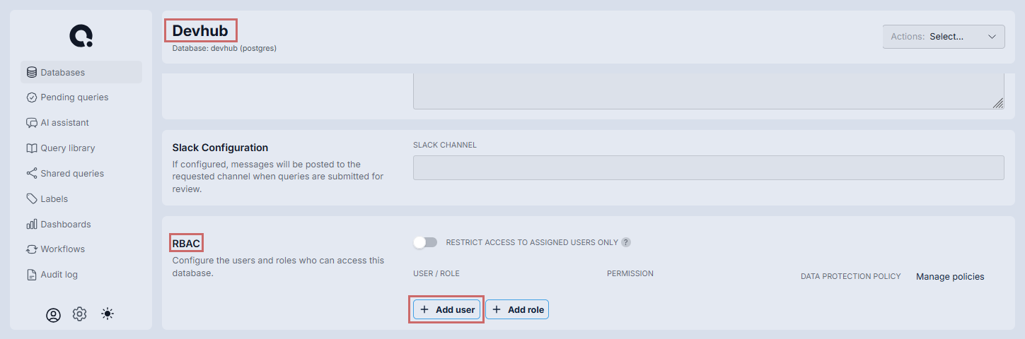 Database Settings page showing the RBAC section with Add user and Add role buttons
