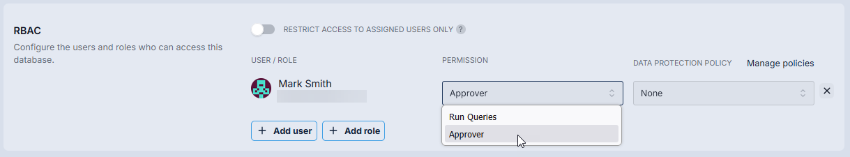 RBAC section showing Mark Smith with Permission dropdown open and Approver option highlighted