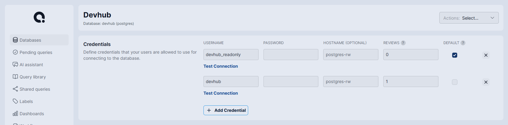 Database Settings Credentials section showing devhub_readonly and devhub credentials