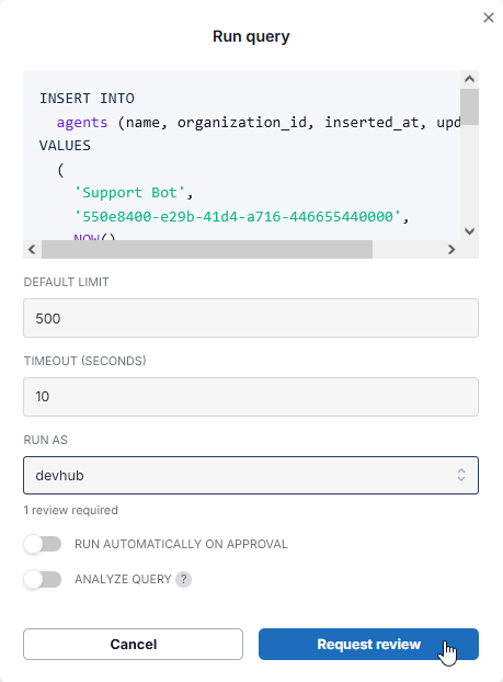 Run query modal showing the devhub credential selected, 1 review required notice, and Request review button