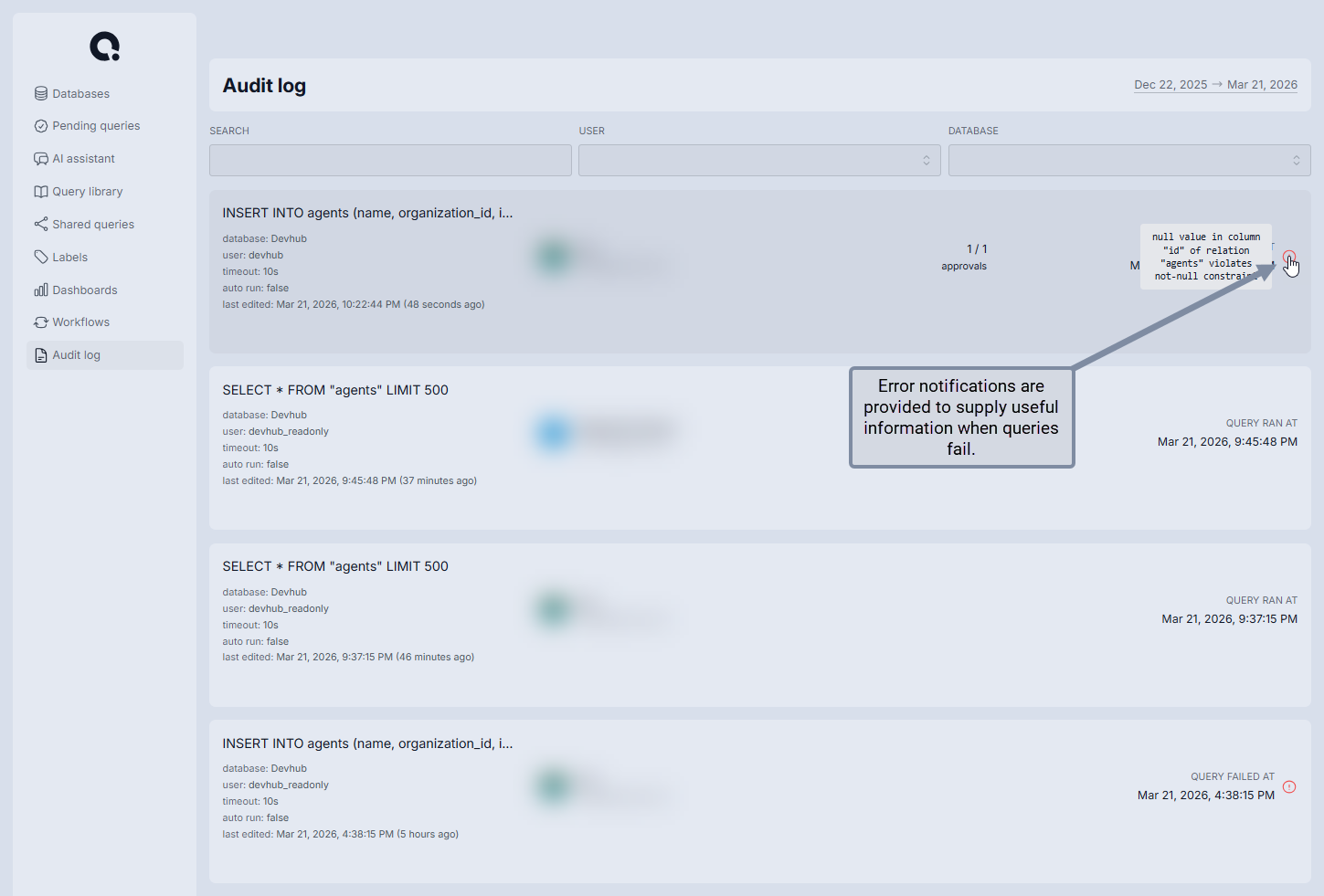 Audit log showing query entries with run timestamps, failure indicators, and error notifications